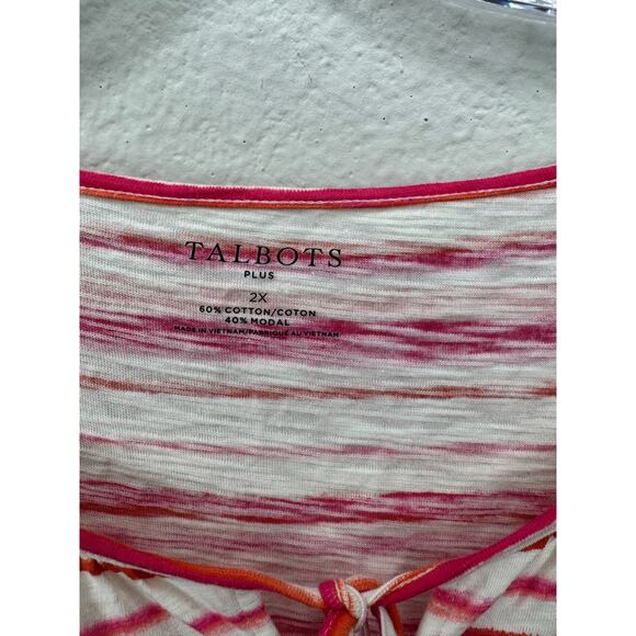 Talbots Plus 2X Pink Striped Tie Neck Top Cotton Modal 3/4 Sleeve Boho Blouse - Picture 6 of 6